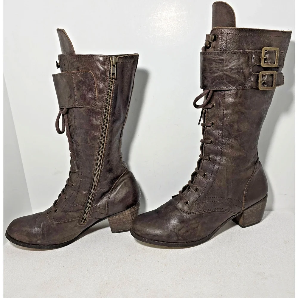 Red Or Dead Leather Steampunk Lace Up Zip Boots Made Spain EU 41 US 9.5-10 Brown